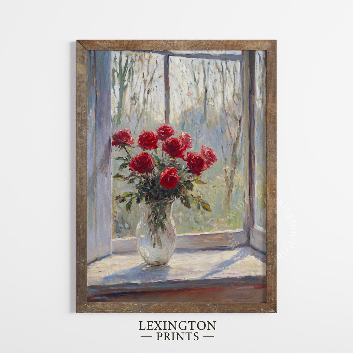 Red Roses in Glass Vase on Sunlit Windowsill Floral Still Life Print - Image 2