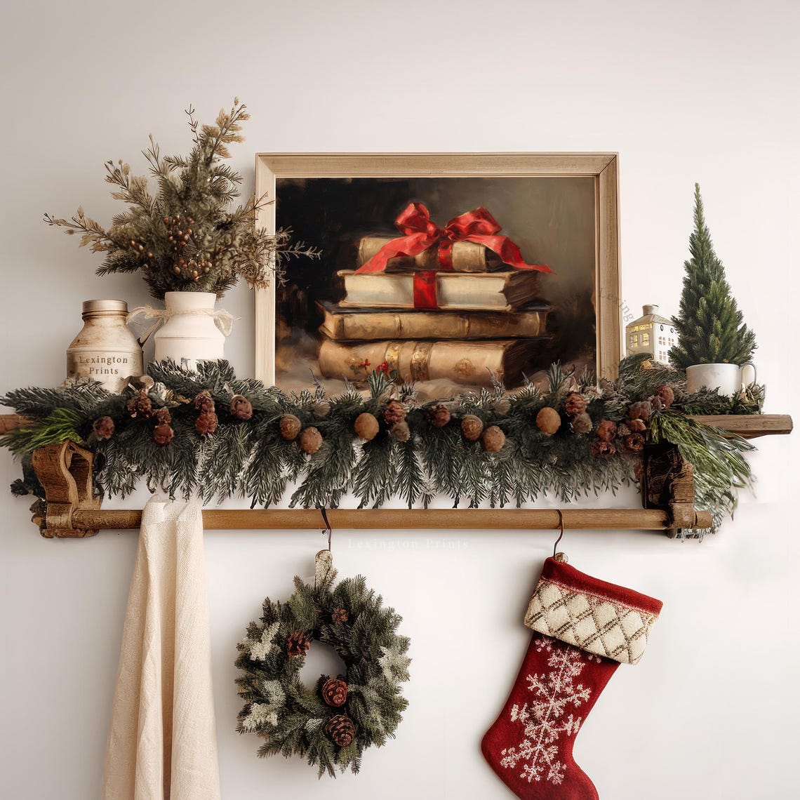 Christmas Book Stack Red Bow Vintage Holiday Still Life Poster - Image 7