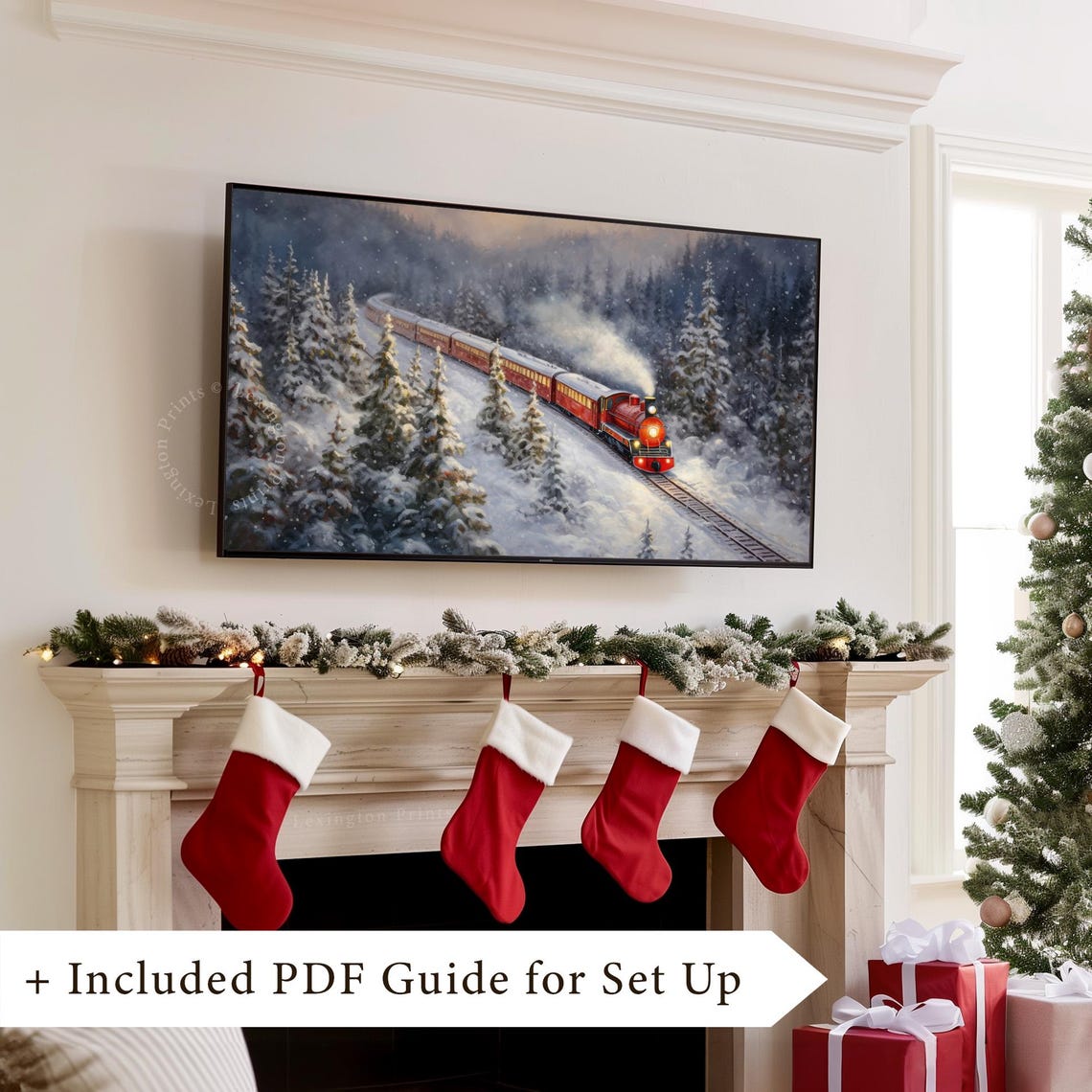 Red Christmas Steam Train Snowy Winter Forest Holiday Frame TV Poster - Image 8