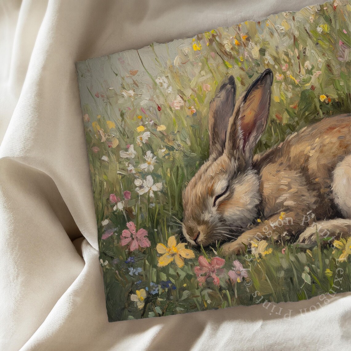 Sleeping Brown Rabbit Resting in a Wildflower Meadow Painting Art Print - Image 7