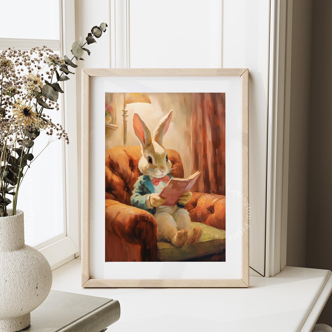 Dapper Rabbit Reading a Book in Leather Armchair Vintage Storybook Poster - Image 4