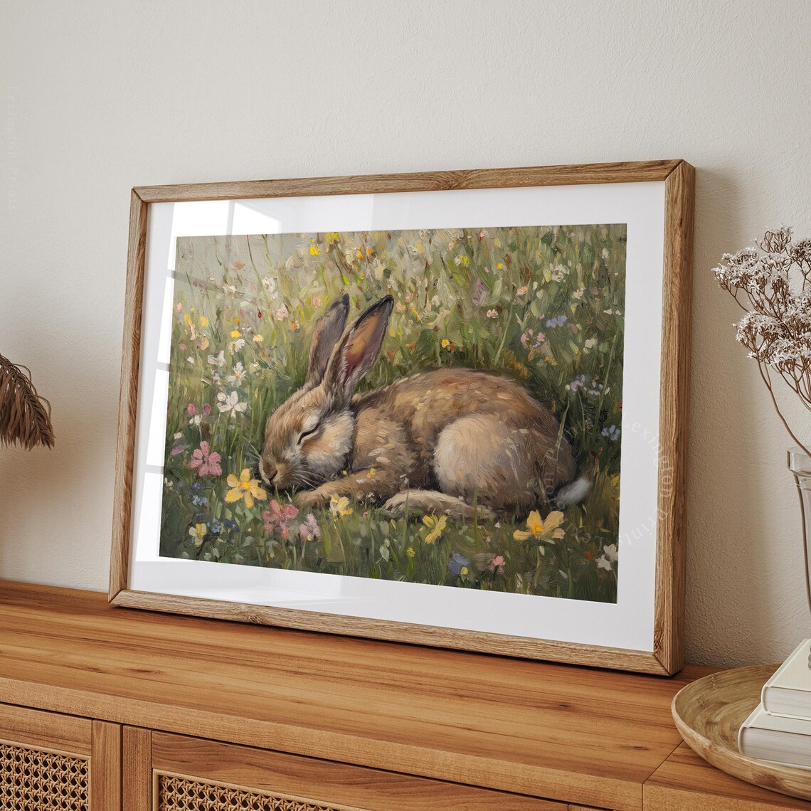 Sleeping Brown Rabbit Resting in a Wildflower Meadow Painting Art Print - Image 4