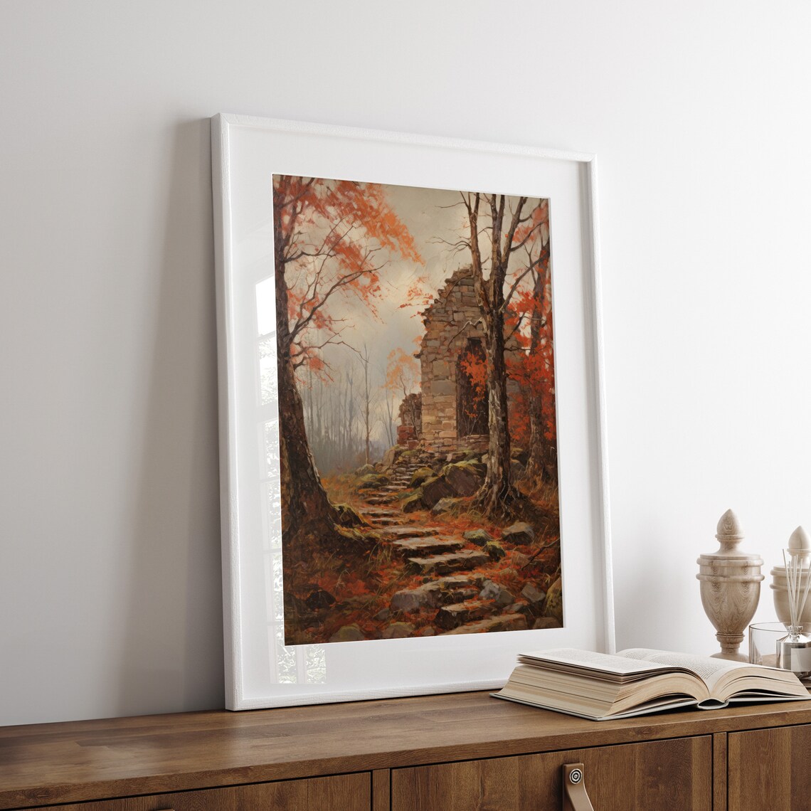 Autumn Stone Ruin Mossy Steps Red Orange Forest Vintage Landscape Poster - Image 6