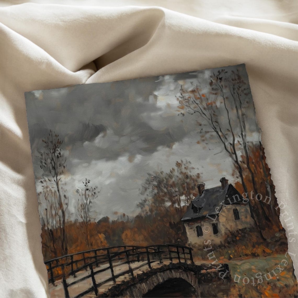 Old Stone Bridge and Cottage Moody Autumn Oil Painting Fall Poster - Image 7