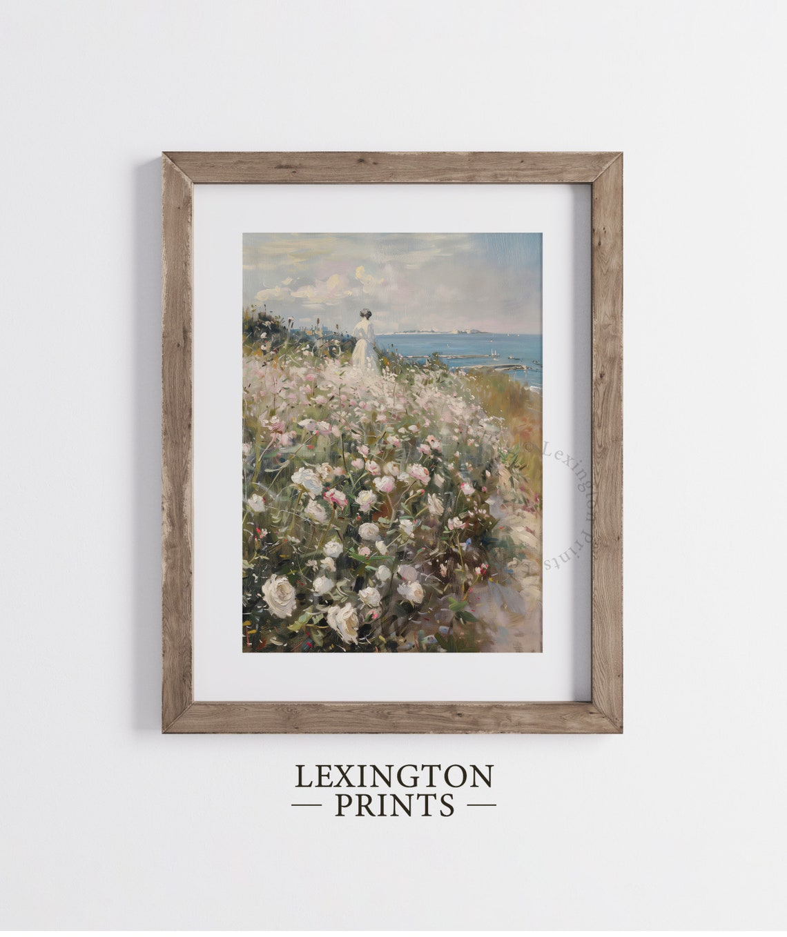 Woman Walking Through Rose Garden by the Sea Romantic Coastal Poster - Image 3