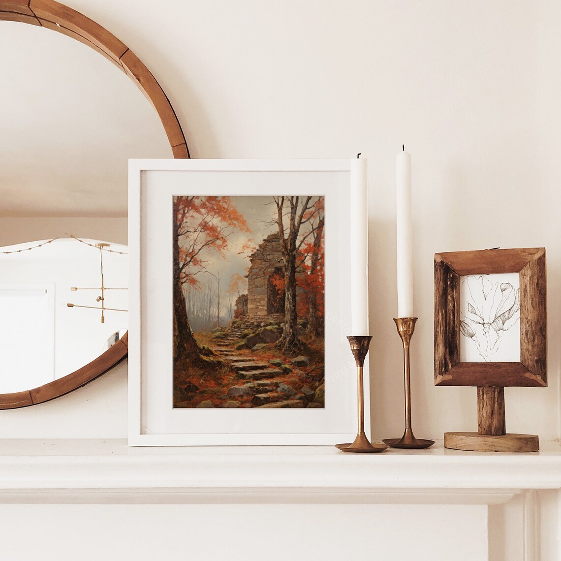 Autumn Stone Ruin Mossy Steps Red Orange Forest Vintage Landscape Poster - Image 5