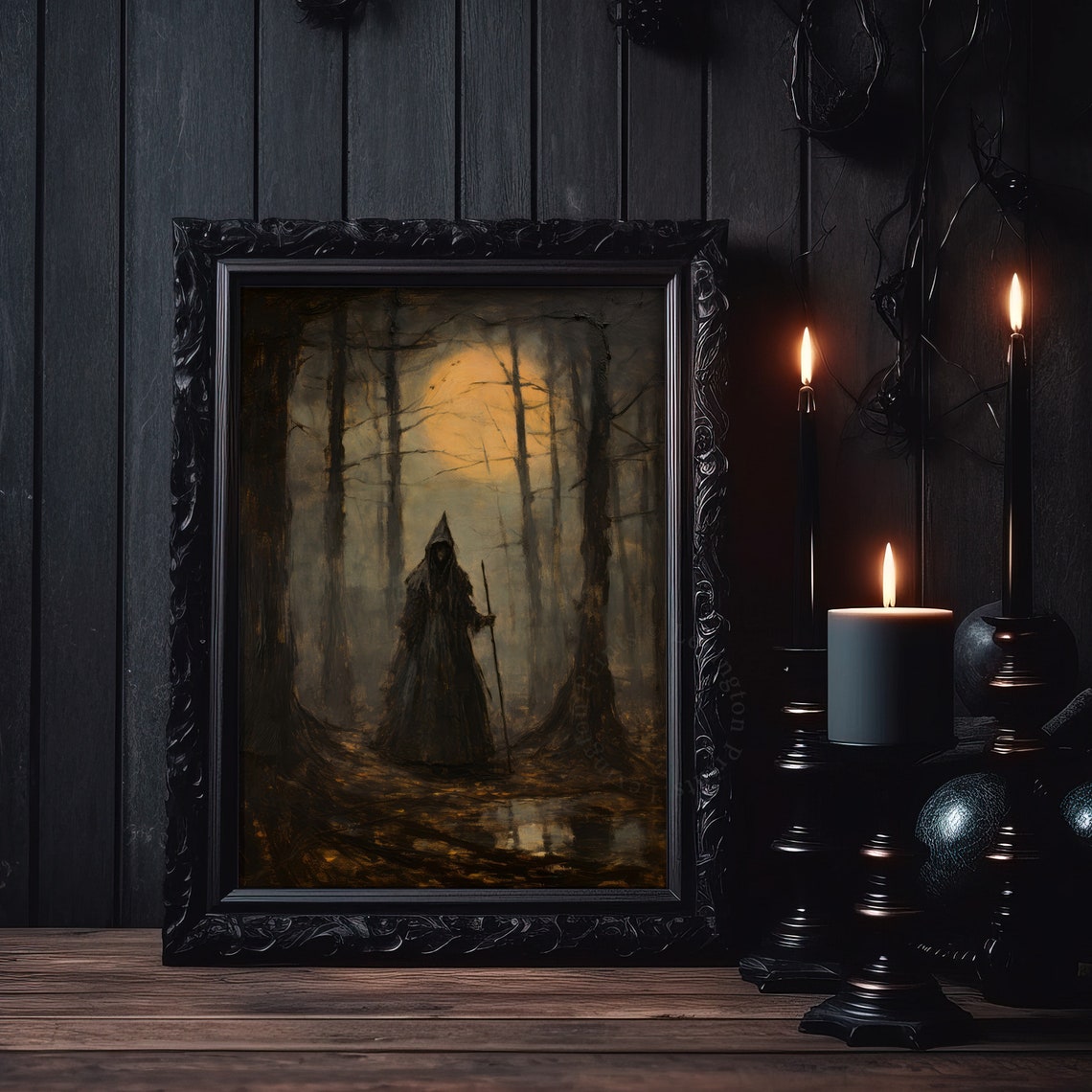 Dark Cloaked Witch With Staff Orange Moon Misty Forest Gothic Poster - Image 5