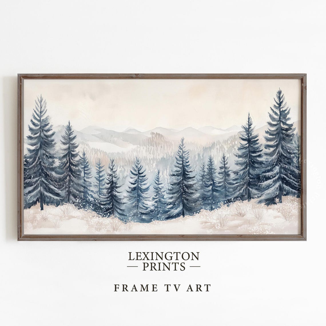 Snowy Pine Forest Under Misty Mountains Watercolor Winter Scene Poster - Image 5