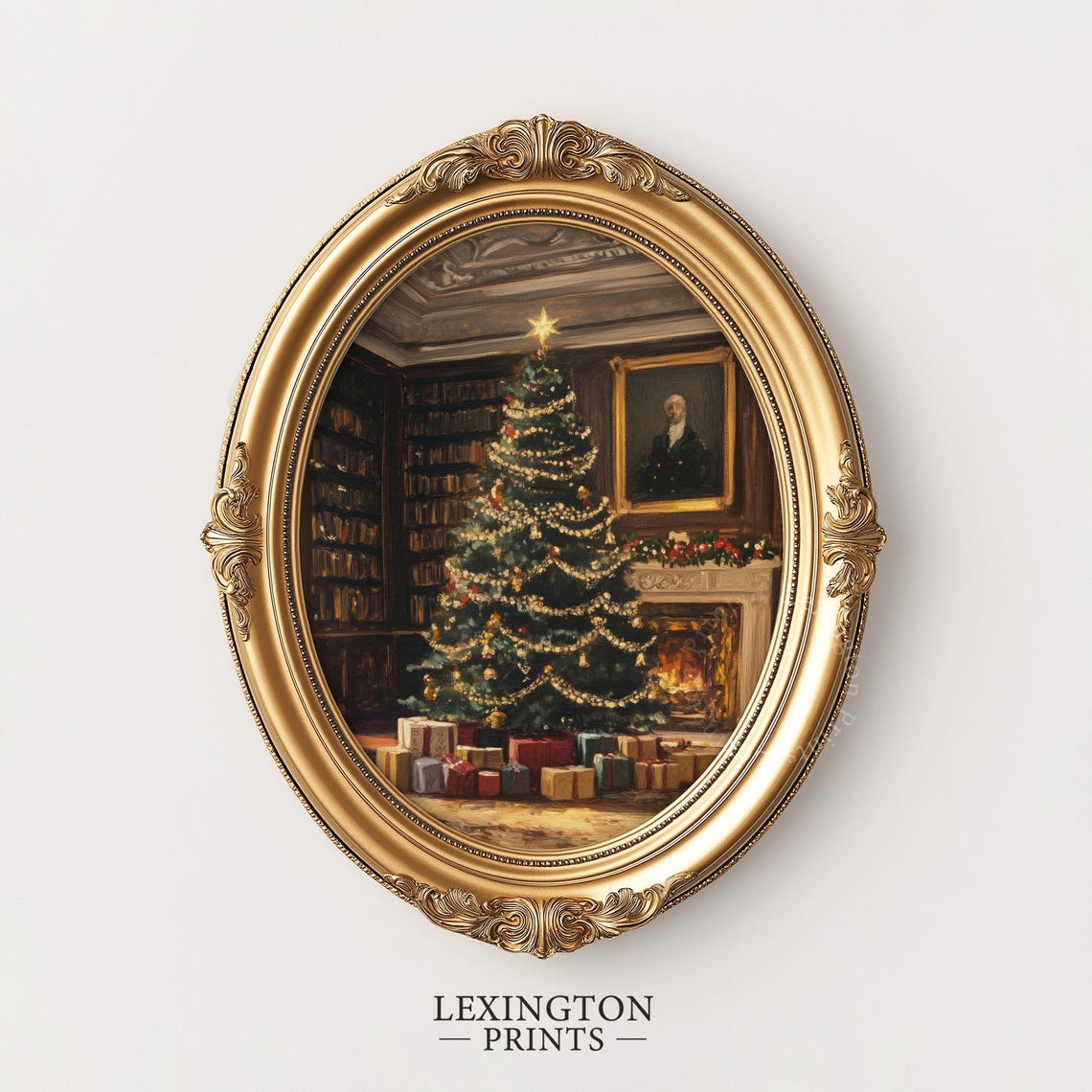 Dark Academia Christmas Tree Library Fireplace Oil Painting Poster - Image 5