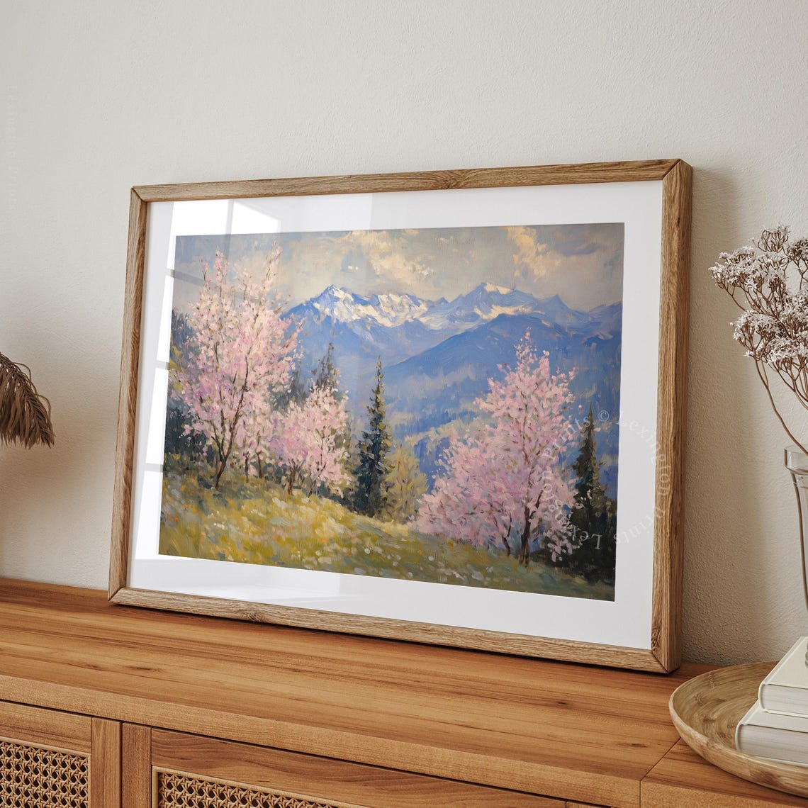 Pink Cherry Blossom Trees with Snowy Mountain Backdrop Wall Art - Image 7