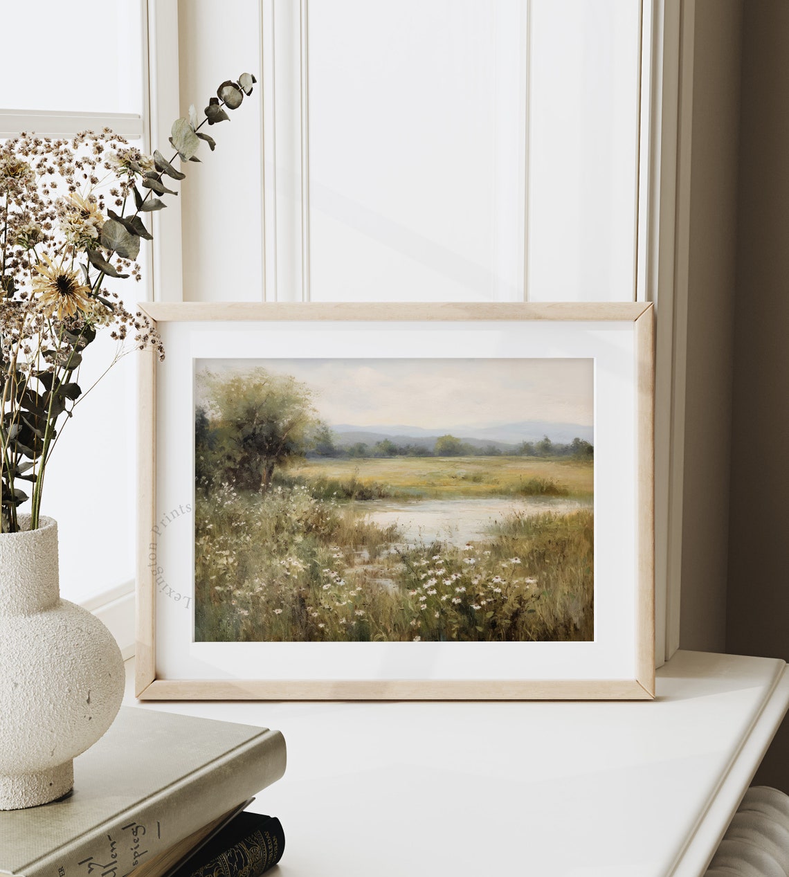 Wildflower Field Pond Landscape Vintage Spring Meadow Wall Art - Image 4