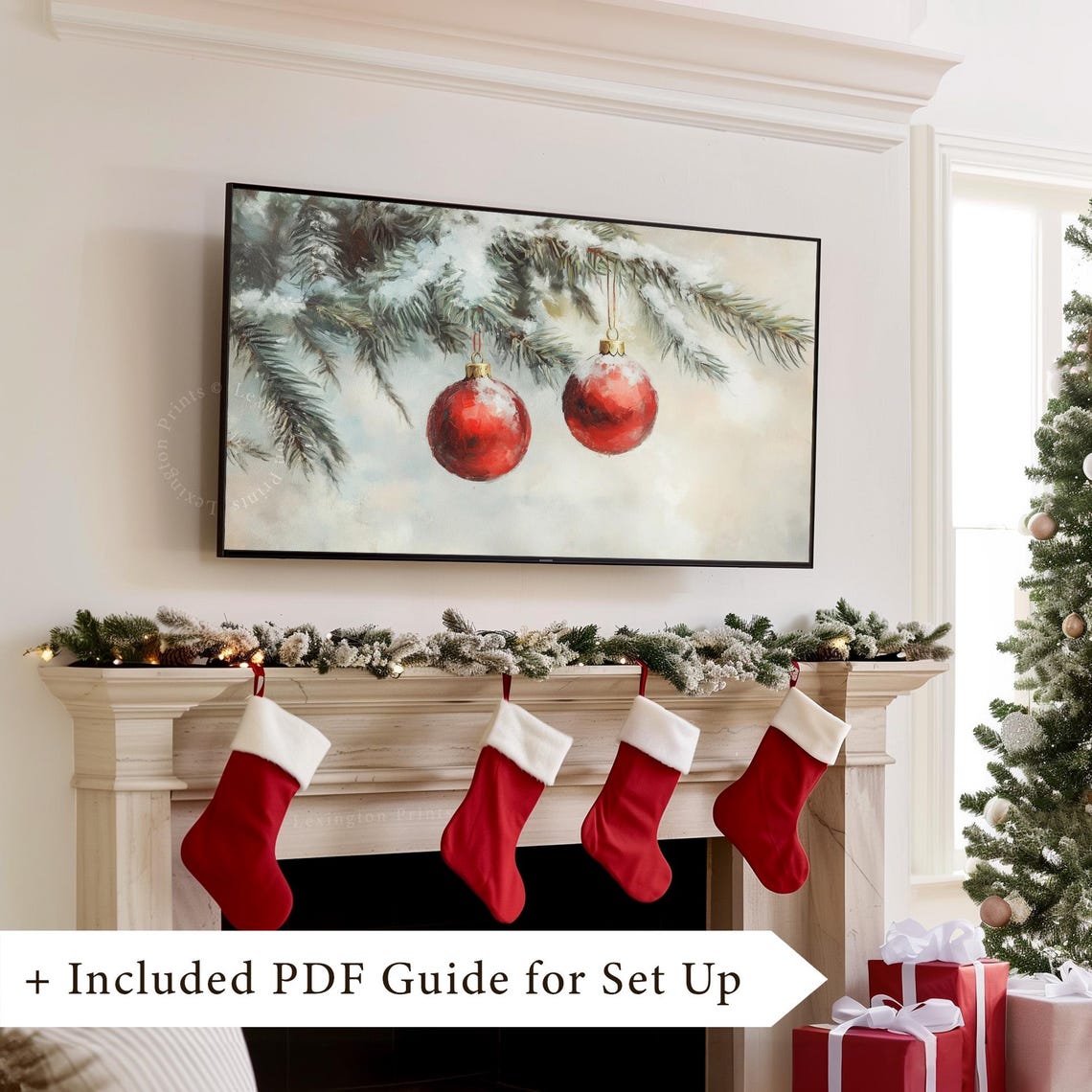 Red Christmas Ornaments Tv Art Christmas Frame Tv Art Winter Tv Art Country Christmas Tv Art Evergreen Fir Tree Vintage Holiday Decor 970 - Image 8