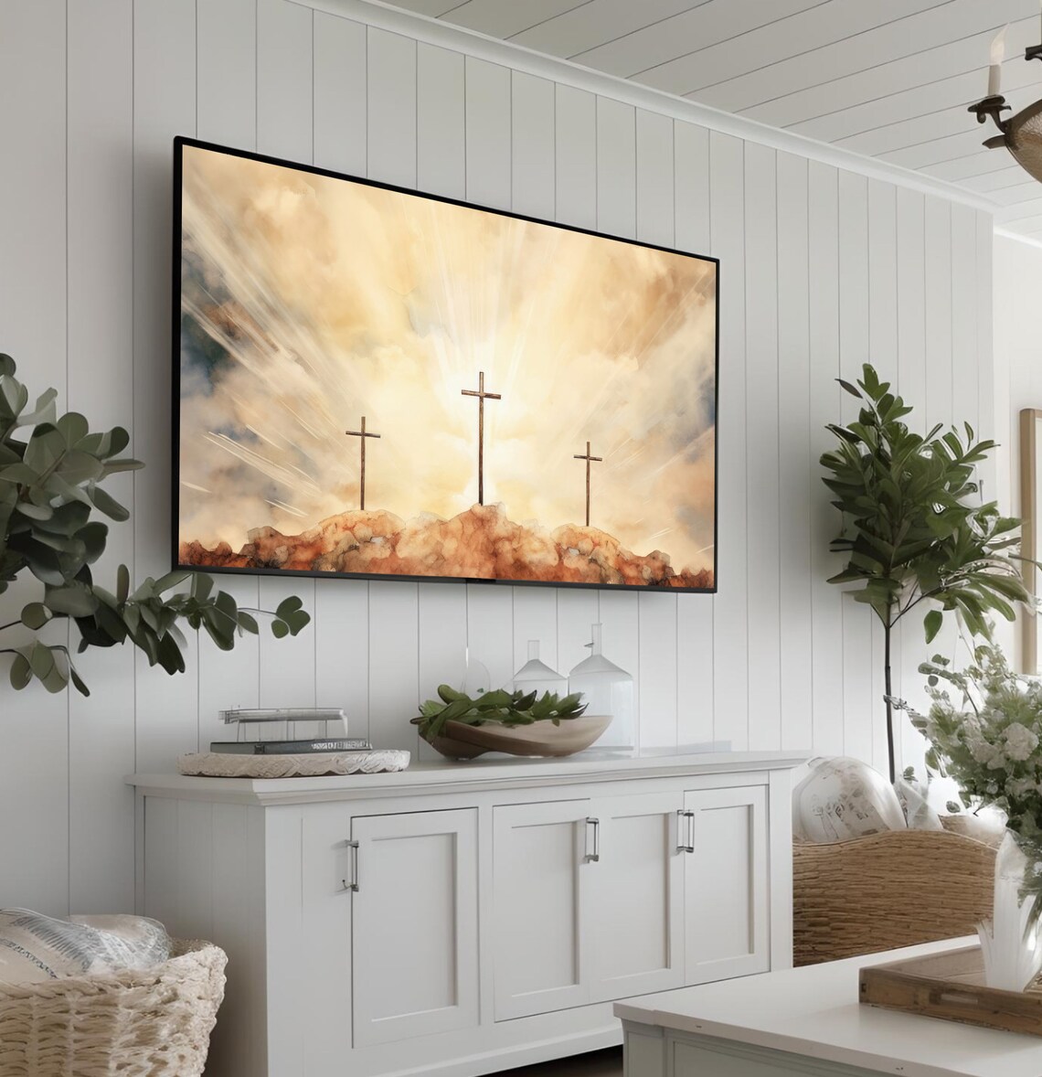 Three Crosses Of Calvary Golden Sunrise Watercolor Frame TV Art Poster - Image 3