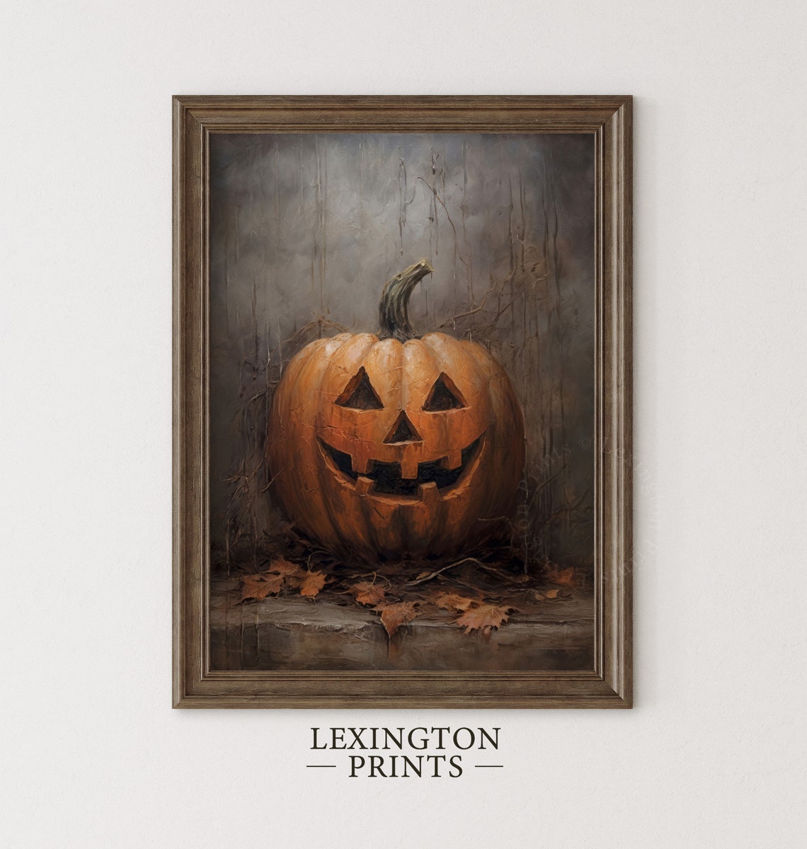 Smiling Jack-O-Lantern Pumpkin On Stone Ledge Oil Painting Fall Poster - Image 2