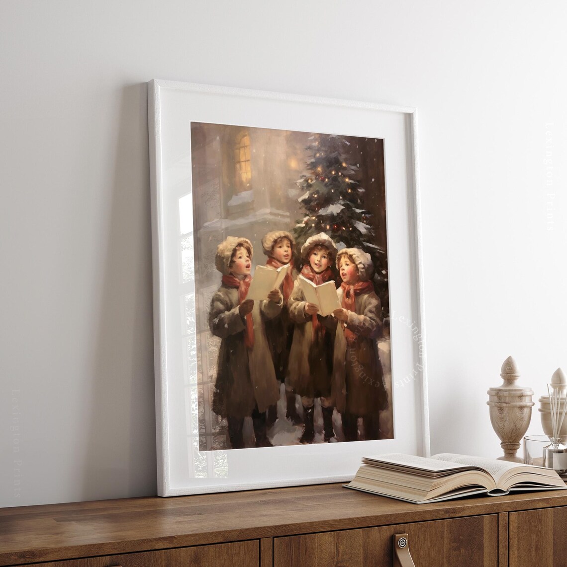 Children Caroling in Snow Night Vintage Christmas Choir Scene Poster - Image 3