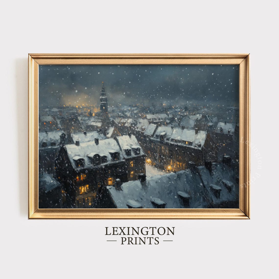 Snowy City Rooftops at Night with Glowing Windows Winter Poster
