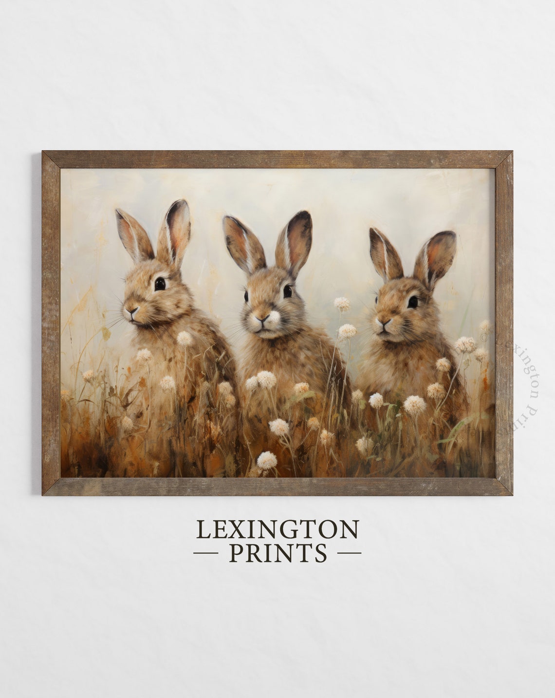 Three Bunnies Wildflower Field Vintage Spring Rabbit Painting Poster - Image 2