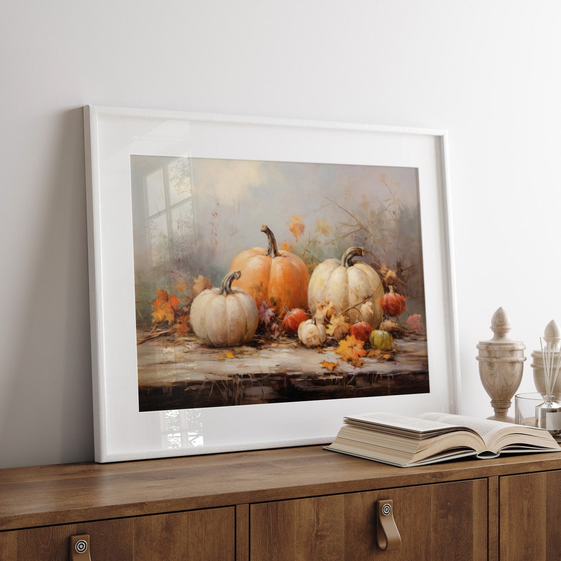 White and Orange Pumpkins Still Life on Wood Table Fall Poster - Image 8
