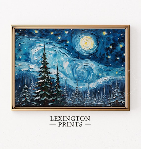 Christmas Starry Night Print Christmas Wall Art Van Gogh Art Christmas Print Winter Print Vintage Christmas Oil Painting Forest Wall Art 311