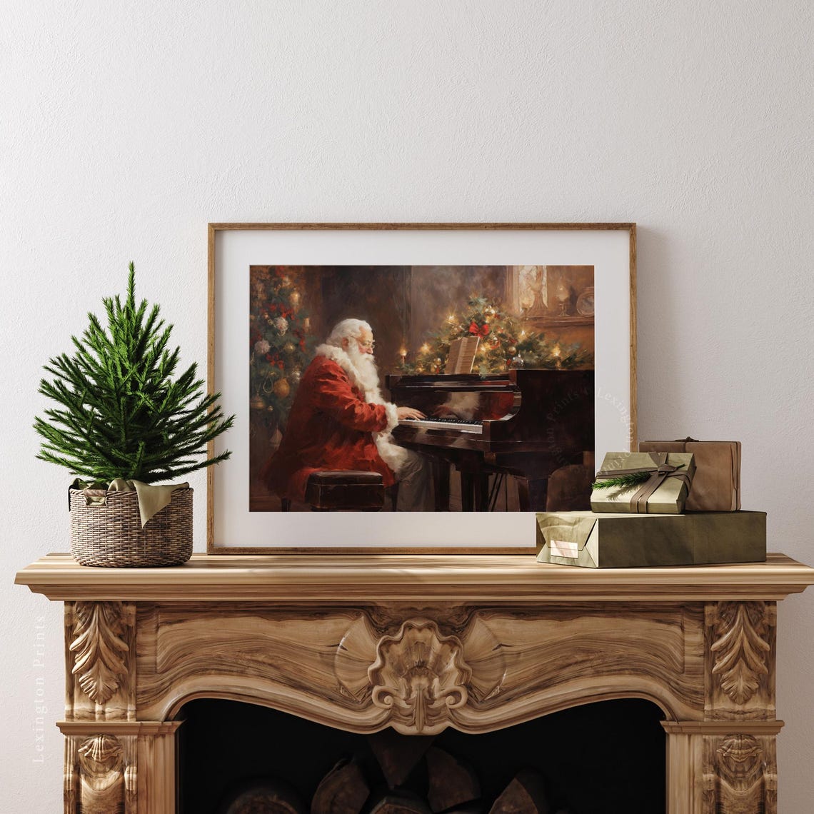 Santa Claus Playing Piano Christmas Tree Vintage Holiday Poster - Image 3