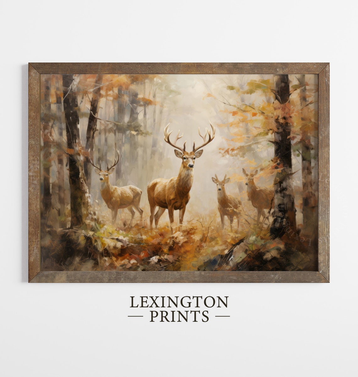 Deer Family in Misty Autumn Forest Rustic Fall Wildlife Wall Art - Image 4