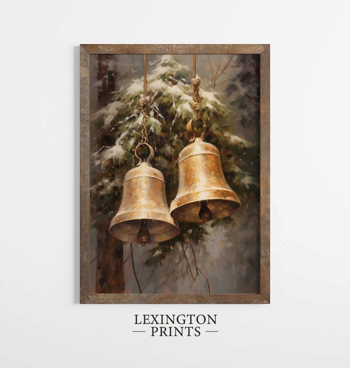 Golden Brass Bells Snowy Fir Branch Vintage Christmas Painting Poster - Image 5