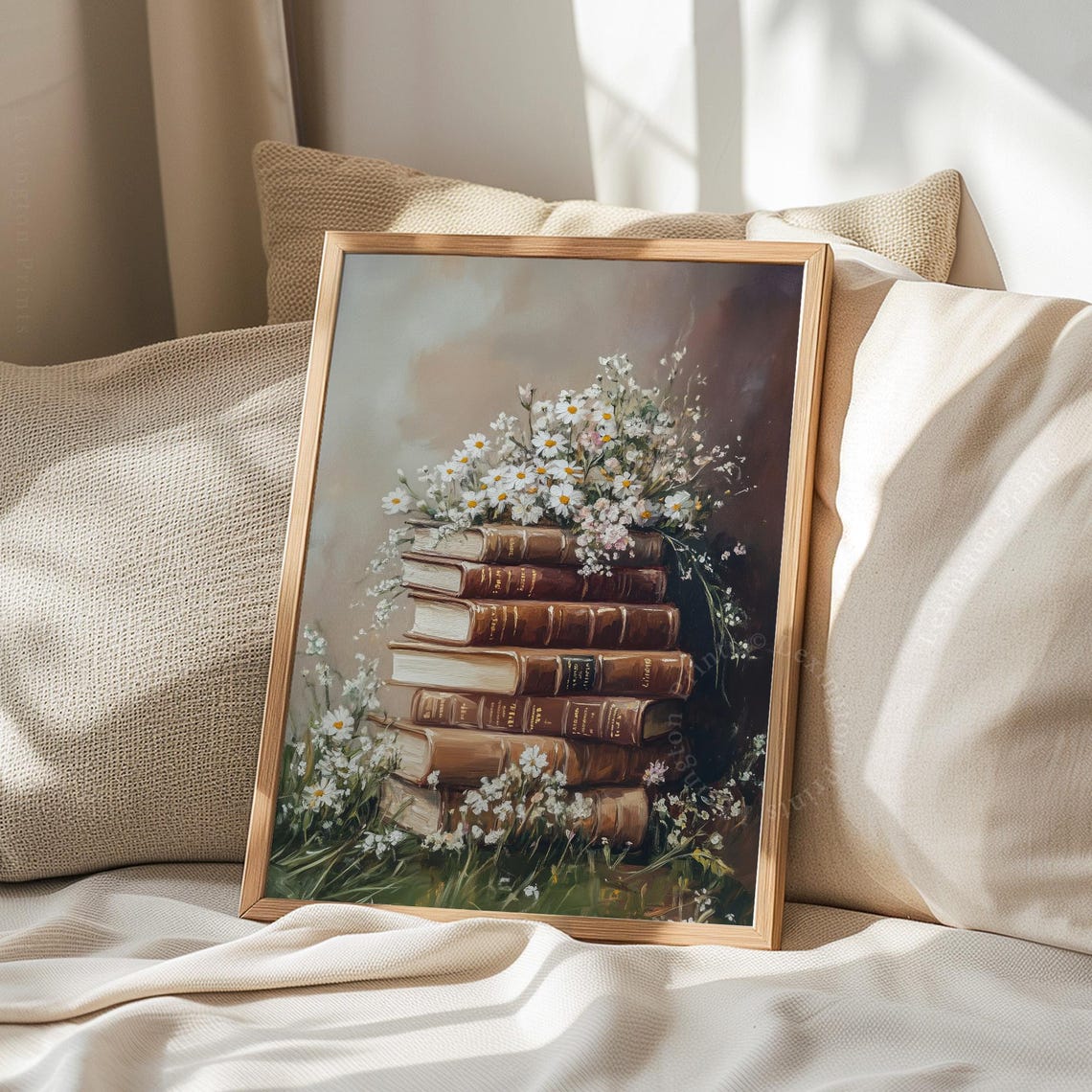 Vintage Books Stack Topped with Daisies Moody Floral Wall Art - Image 7