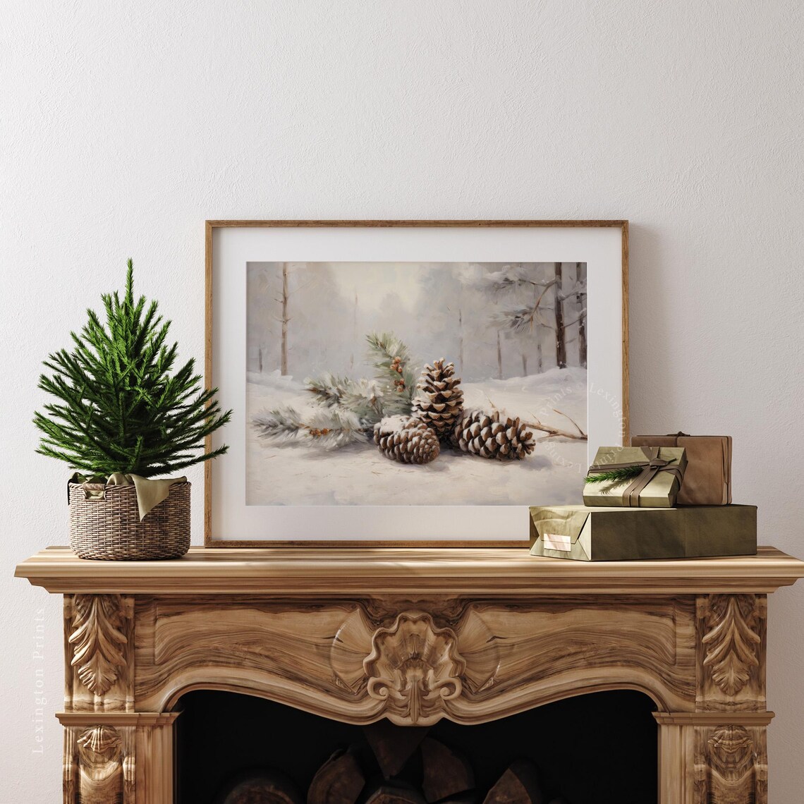 Vintage Winter Pinecones in a Snowy Forest Oil Painting Poster - Image 3