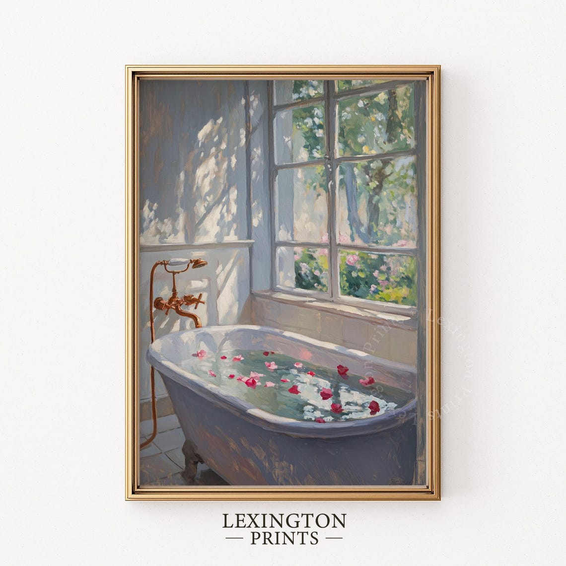 Rose Petal Bathtub by Sunlit Window Serene Spa Bathroom Art Print - Image 5