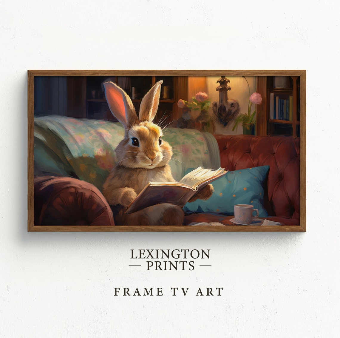 Cute Bunny Reading Book On Cozy Couch In Warm Library Scene Poster