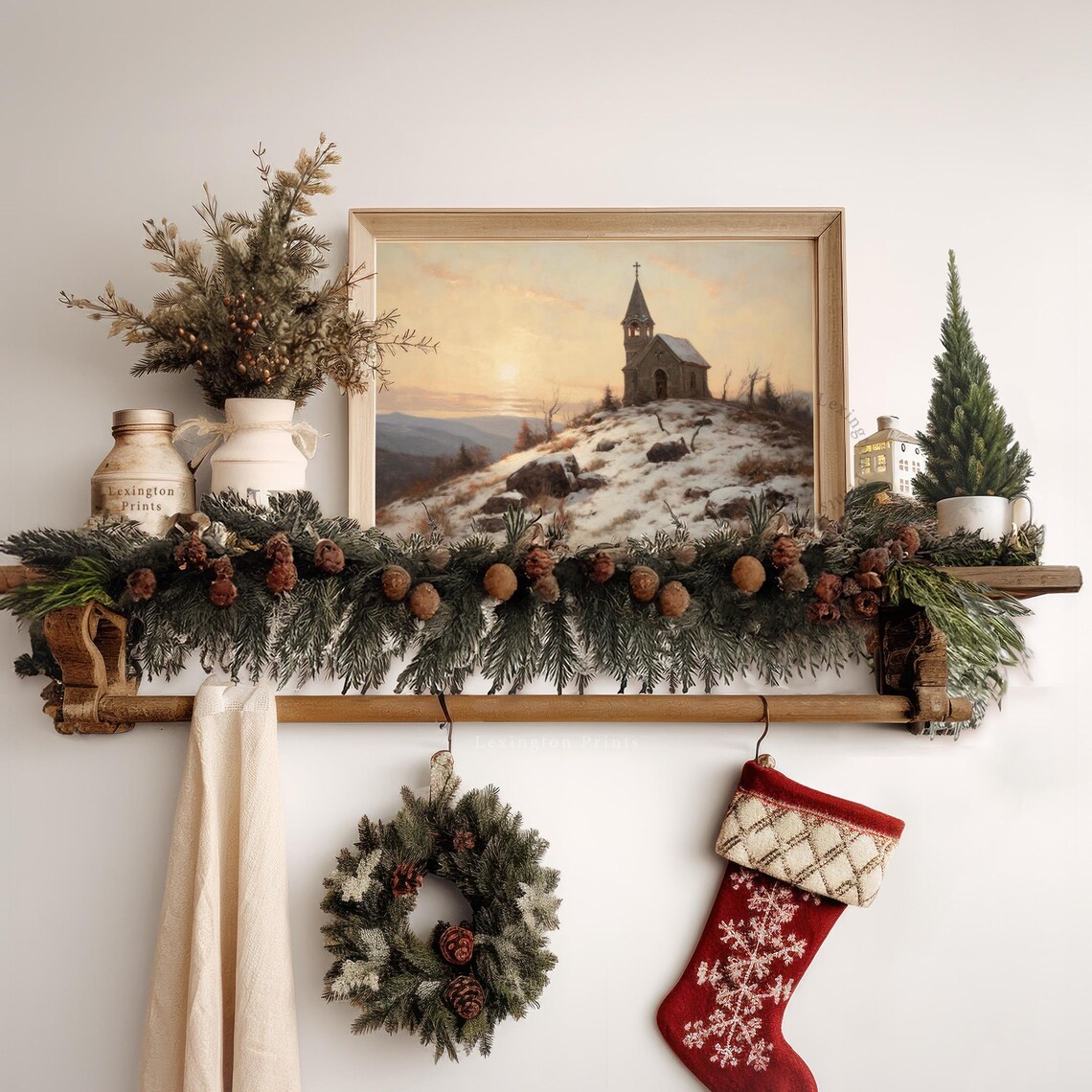 Stone Church on Snowy Hill Winter Sunset Landscape Painting Poster - Image 6