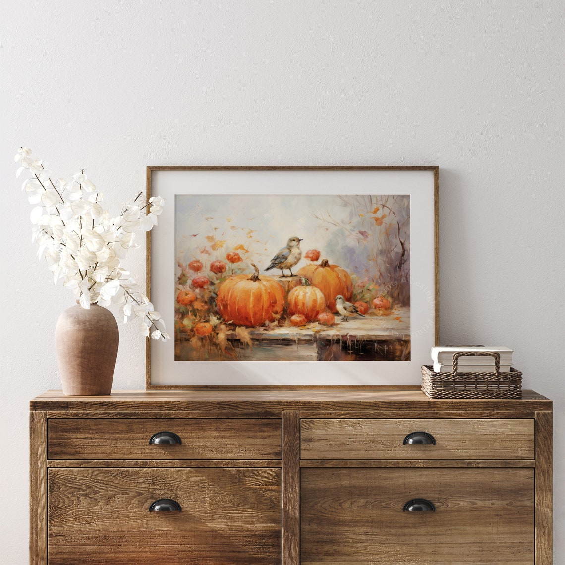 Pumpkins and Songbirds Autumn Still Life Oil Painting Fall Poster - Image 2