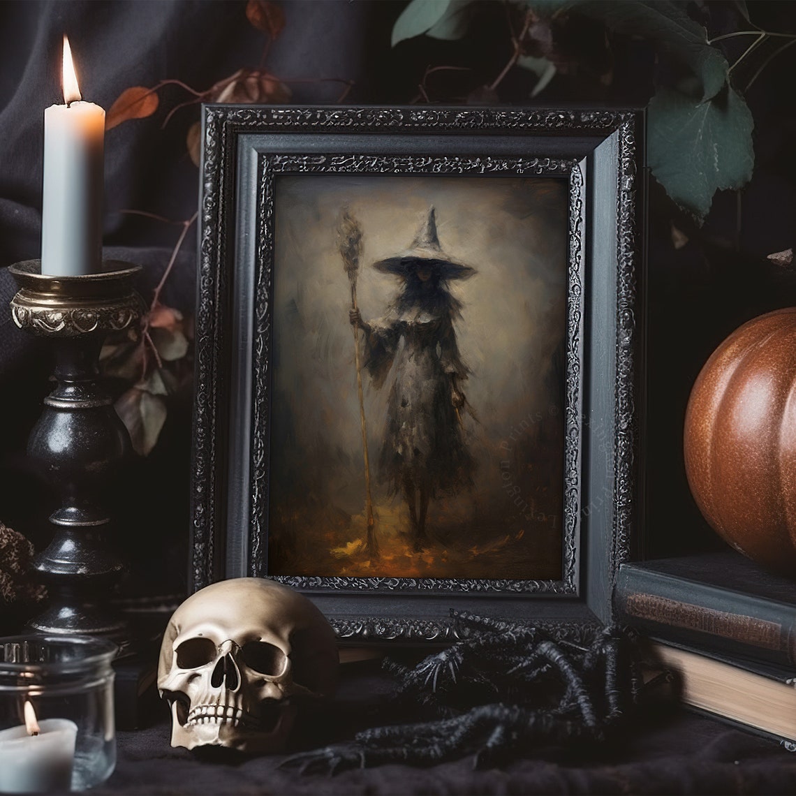 Dark Witch Portrait Moody Vintage Halloween Staff Painting Poster - Image 8