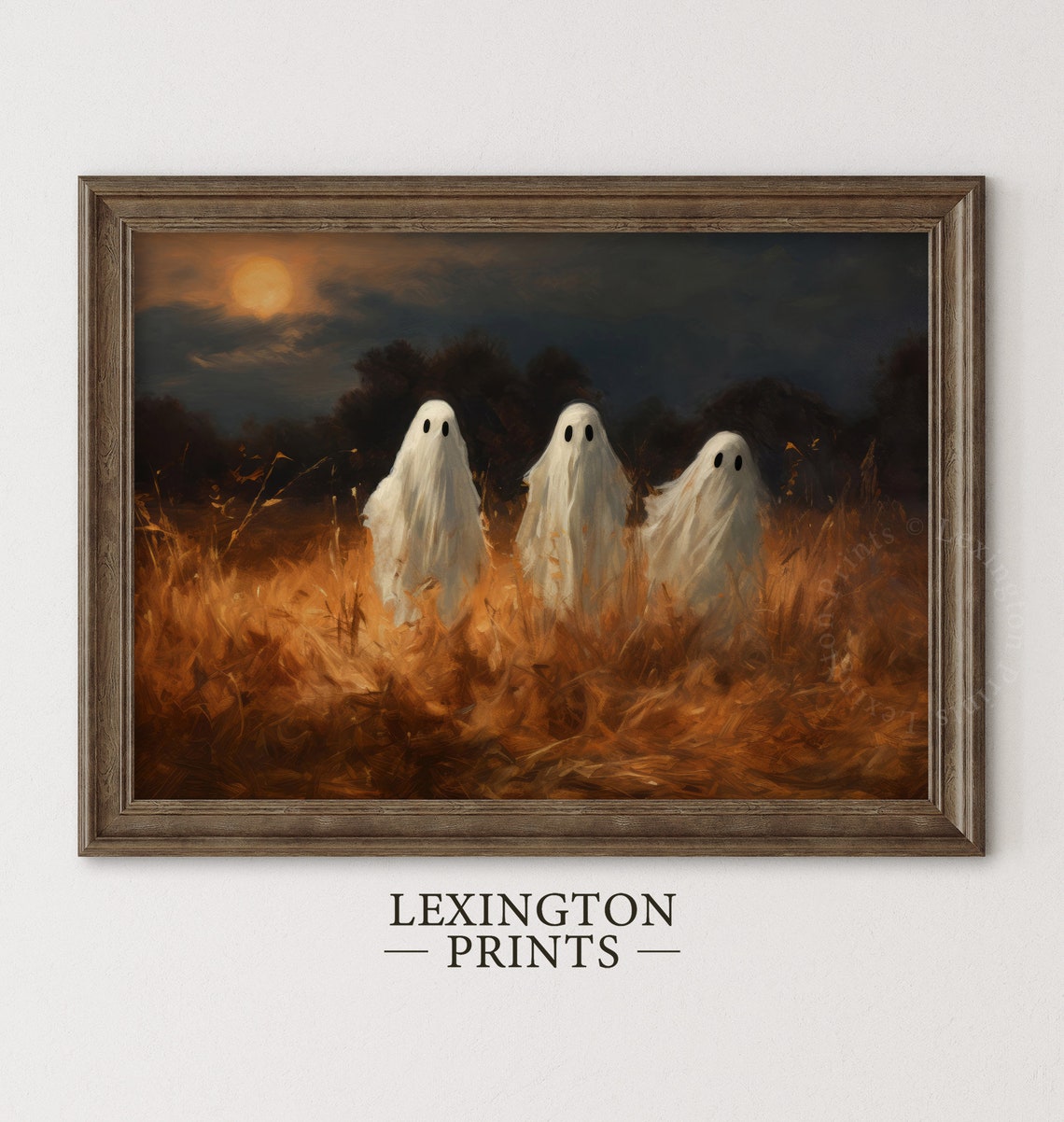 Three Ghosts in Golden Field Under Full Moon Halloween Night Poster - Image 2