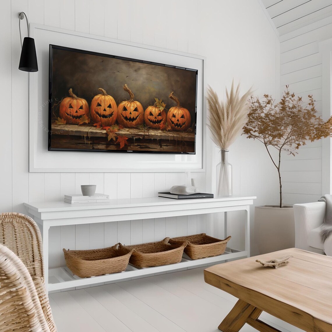 Five Jack O Lanterns Row Carved Pumpkins Wooden Ledge Halloween Frame TV Art Poster - Image 4