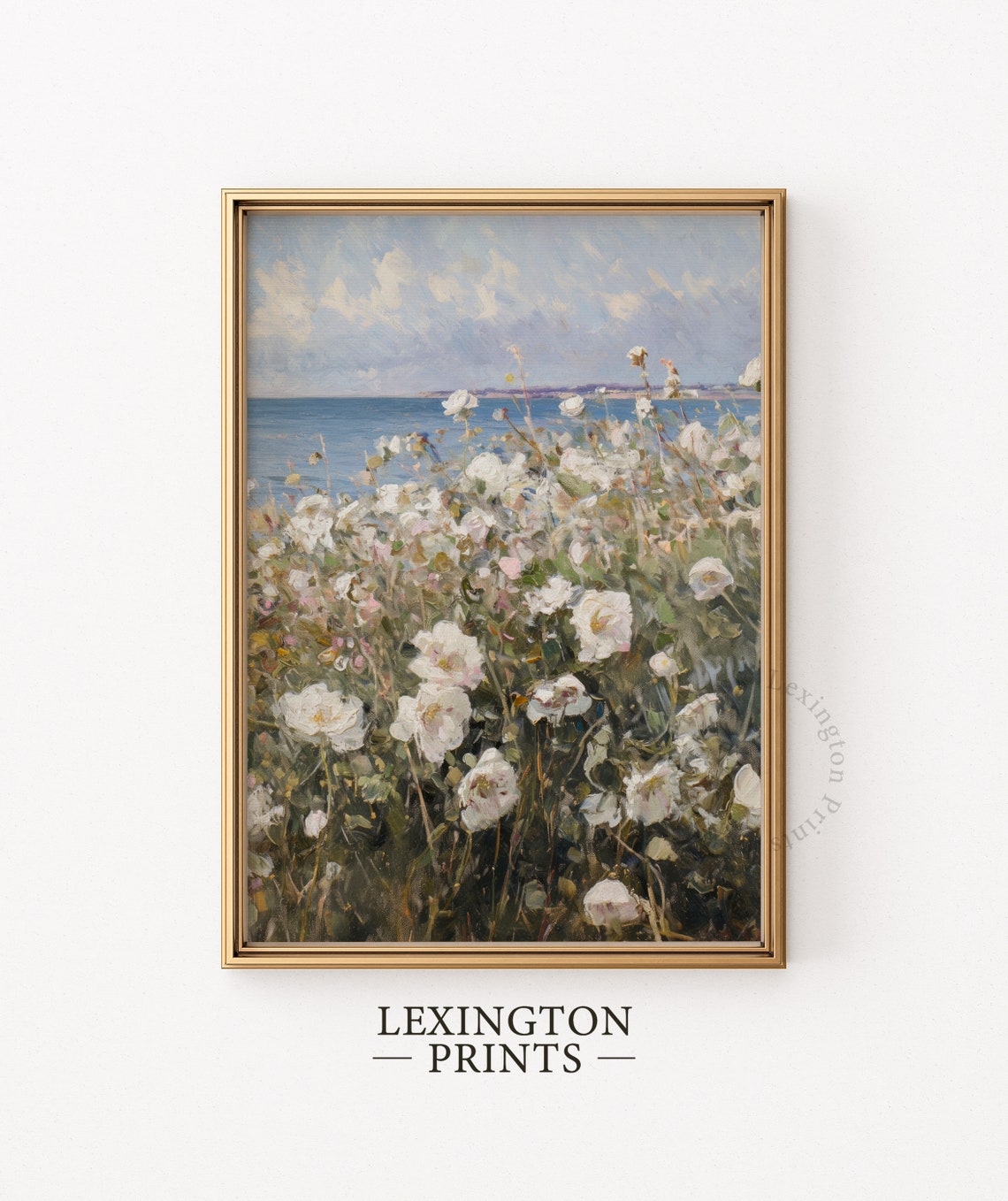 White Wildflowers by the Sea Coastal Summer Vintage Painting Poster - Image 3