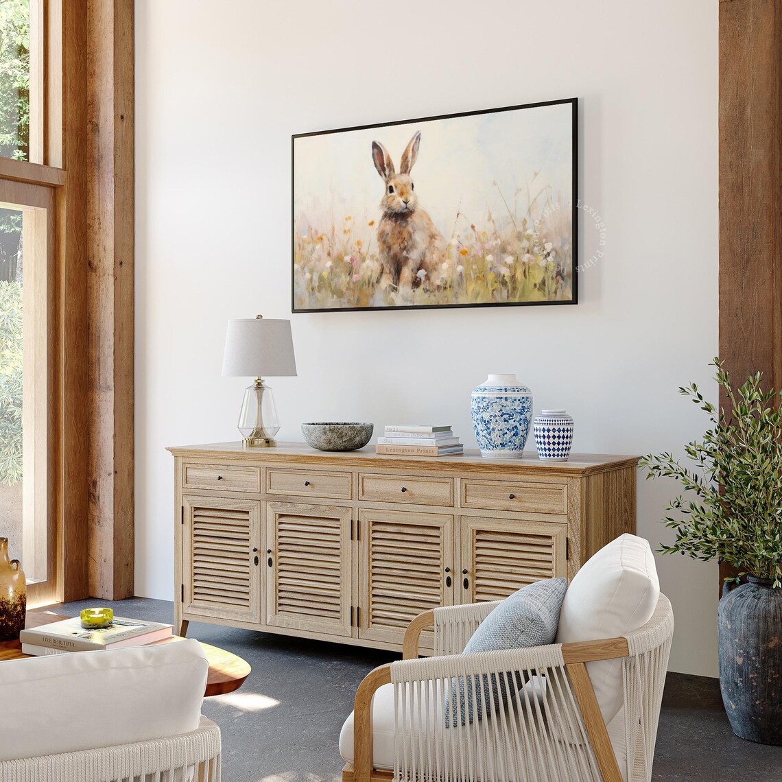 Watercolor Bunny Rabbit Wildflower Meadow Spring Pastel Frame TV Poster - Image 4