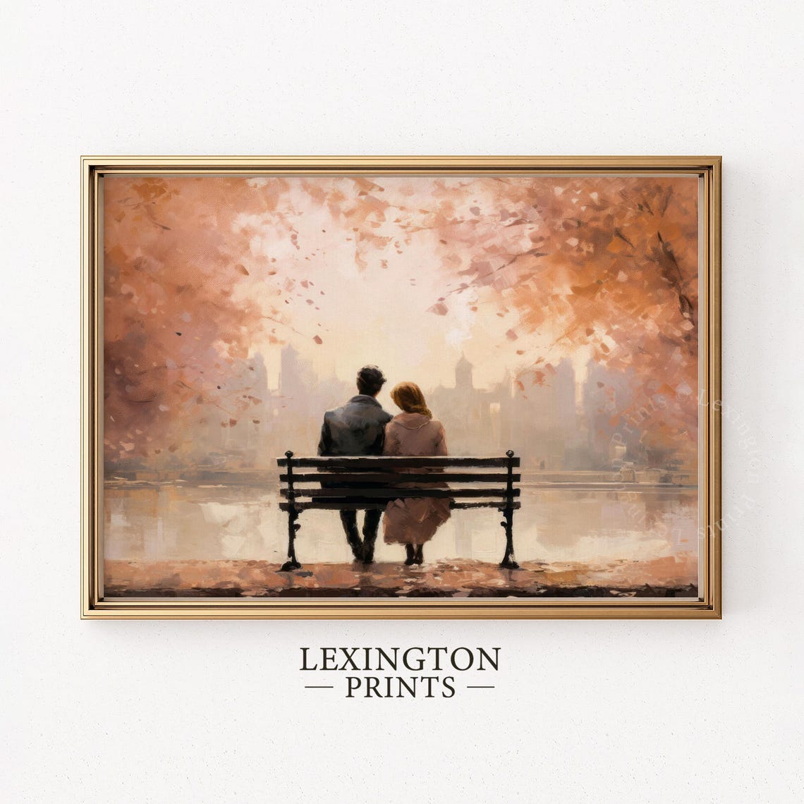 Romantic Couple on Park Bench Autumn City Skyline Watercolor Print - Image 8
