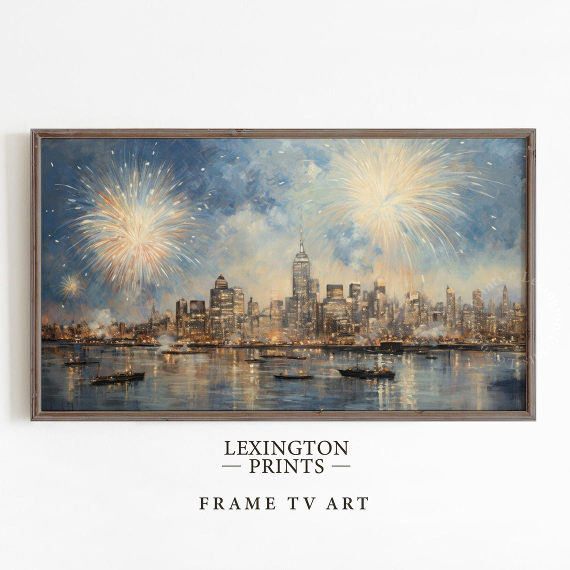 New York Skyline Fireworks Harbor Night Celebration Painting Poster - Image 4