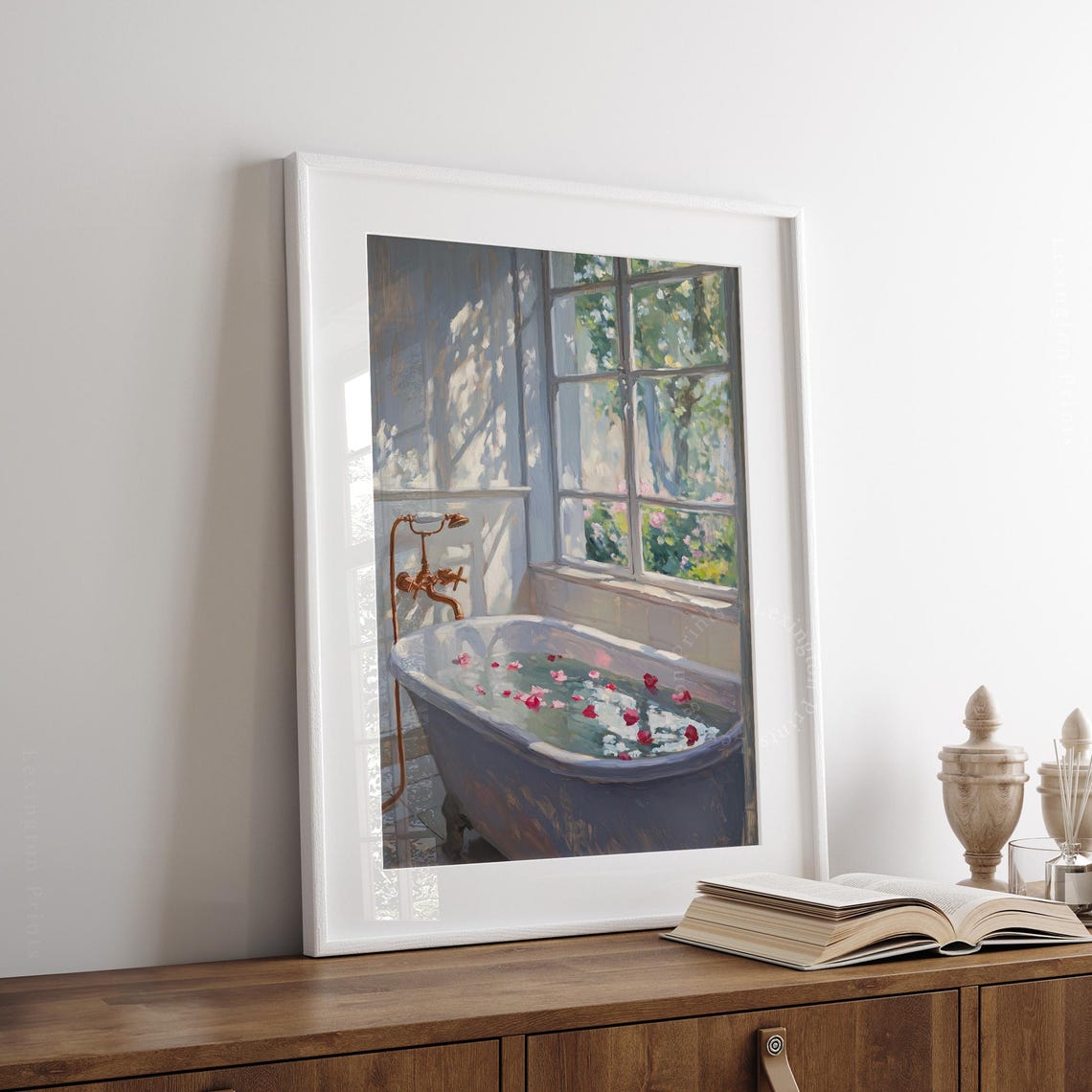 Rose Petal Bathtub by Sunlit Window Serene Spa Bathroom Art Print - Image 3
