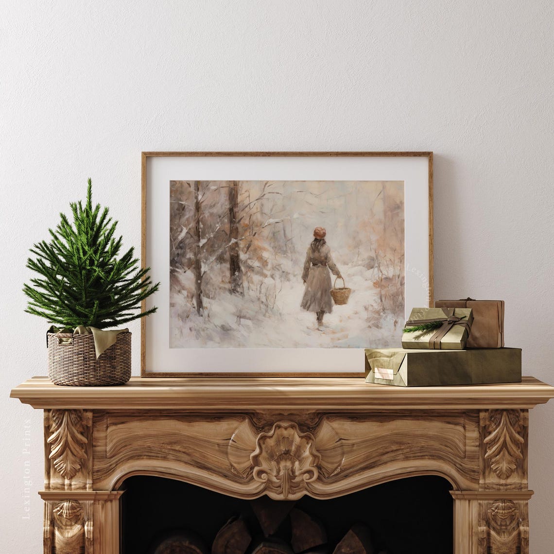 Girl With Basket Walking Snowy Forest Path Winter Scene Art Print - Image 7