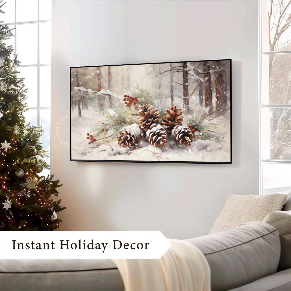Snow Covered Pinecones and Red Berries Winter Forest Scene Poster - Image 3