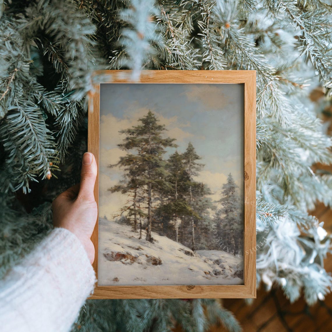 Tall Pine Trees on Snowy Hillside Vintage Winter Landscape Poster - Image 8
