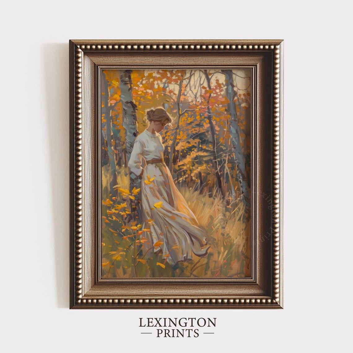 Woman Autumn Birch Forest Golden Vintage Moody Fall Painting Poster - Image 6
