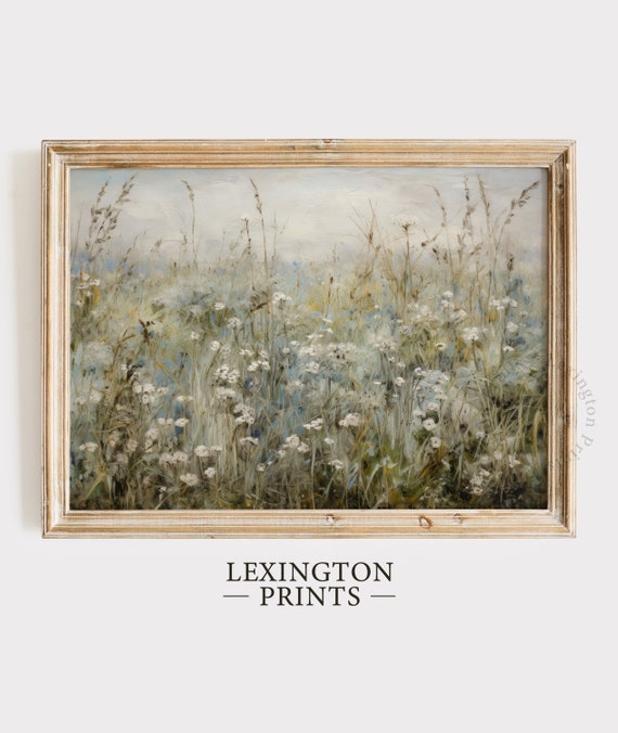 Wildflower Field Landscape Vintage Painting Moody Spring Decor Farmhouse Print Neutral Wall Art Spring Art 572