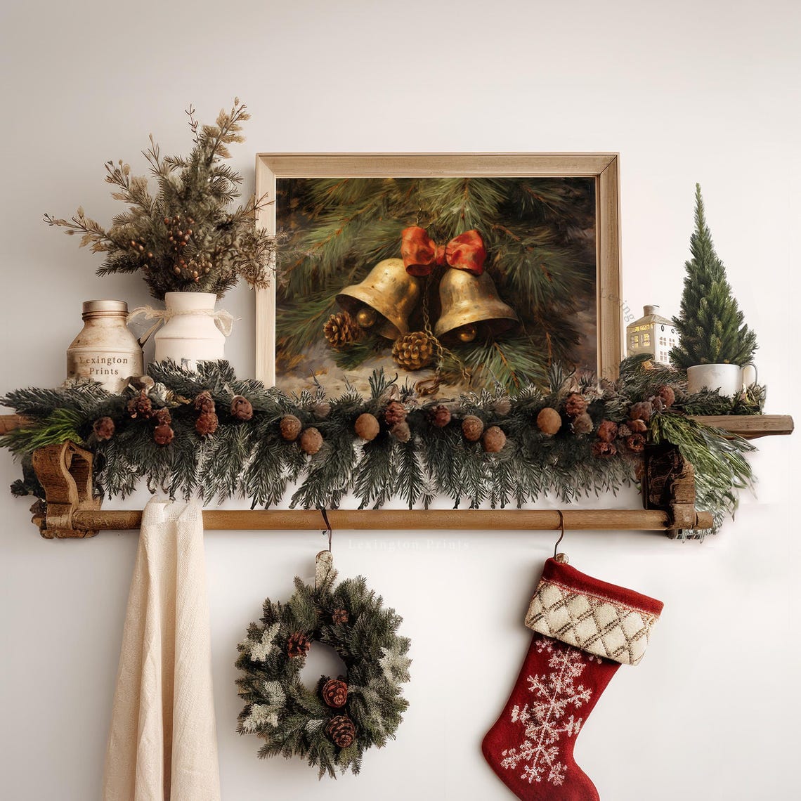 Vintage Brass Christmas Bells Pinecones Red Bow Rustic Wall Art - Image 8