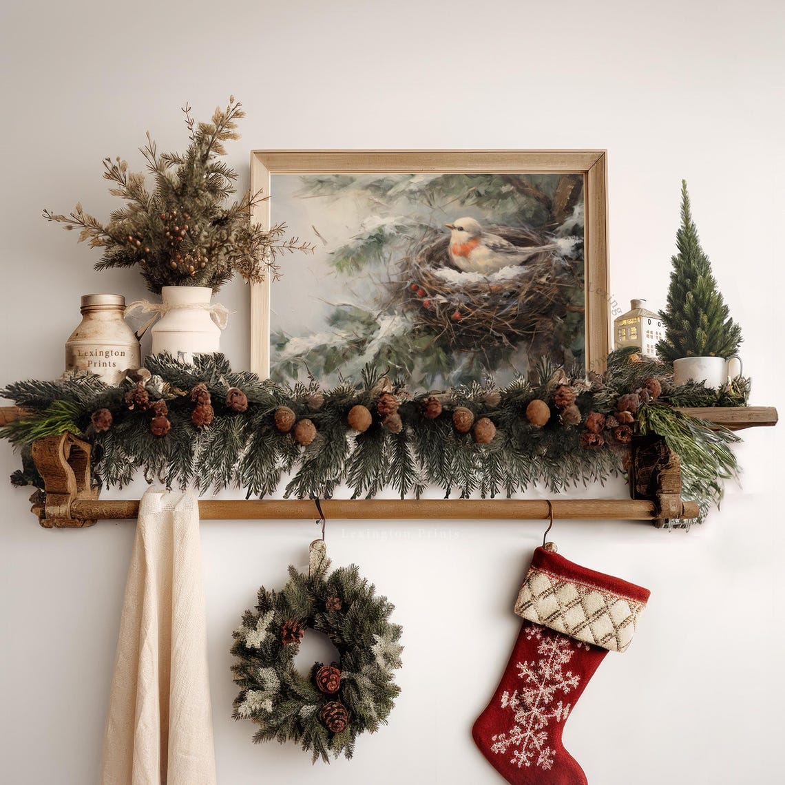 Small Bird in Snowy Nest on Pine Branch Winter Painting Poster - Image 7