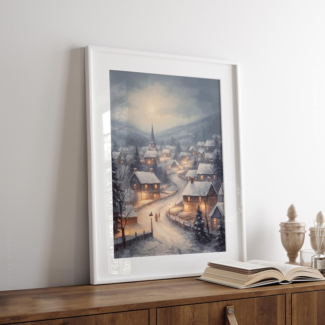 Snowy Christmas Village Town Church Night Winter Painting Poster - Image 3
