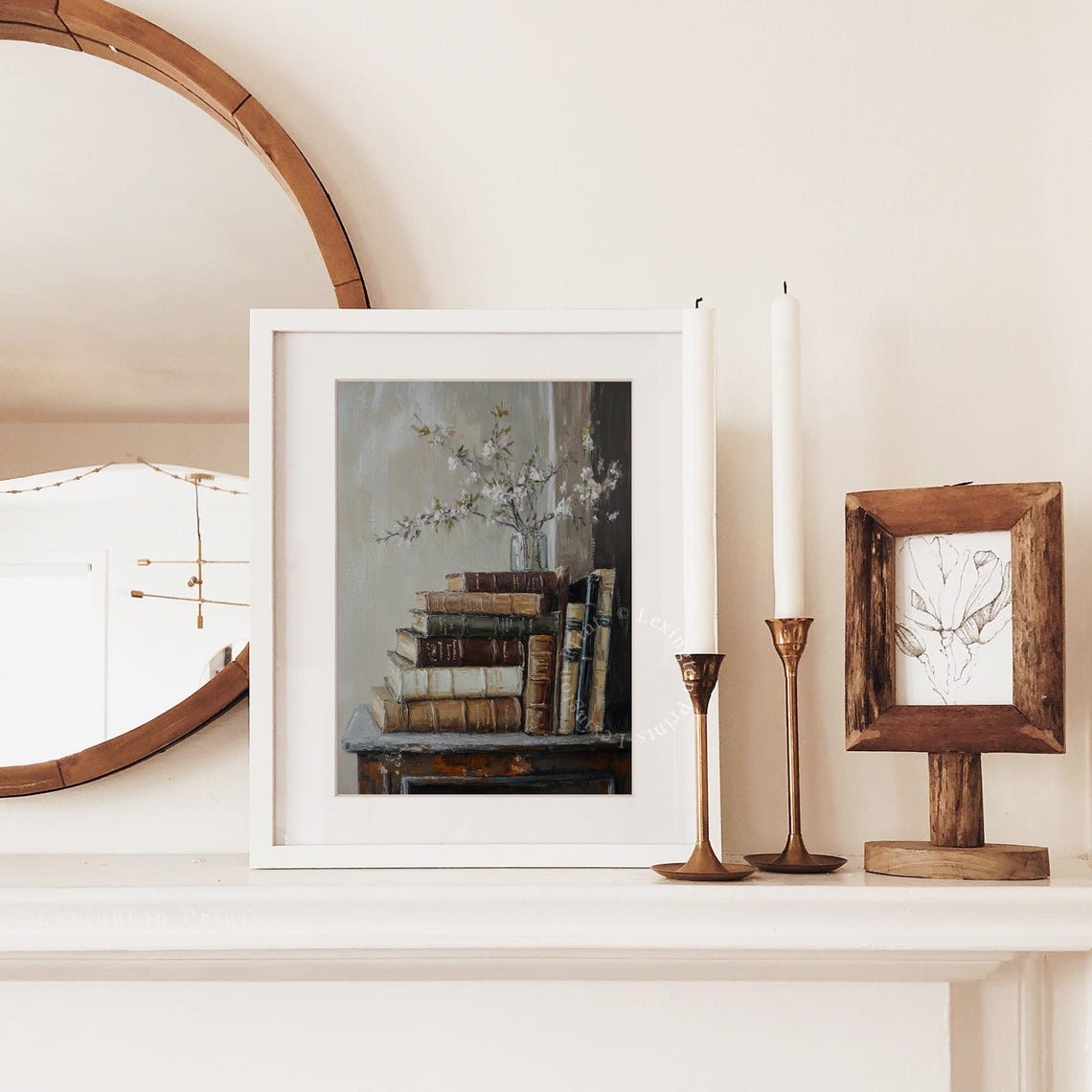 White Blossom Branches on Stack of Antique Books Vintage Art Print - Image 3