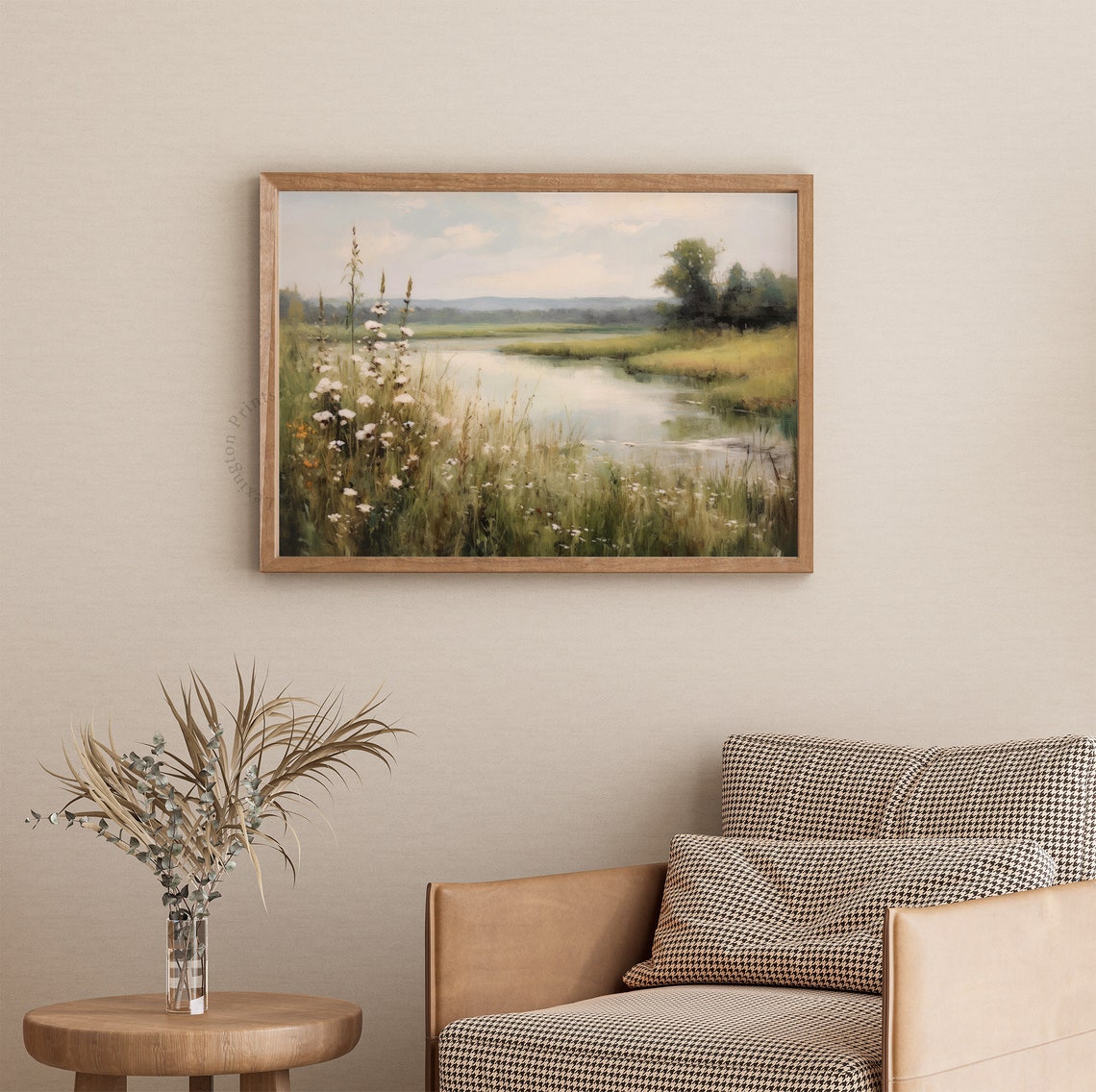 Peaceful River Landscape With Wildflowers Soft Impressionist Art Print - Image 3